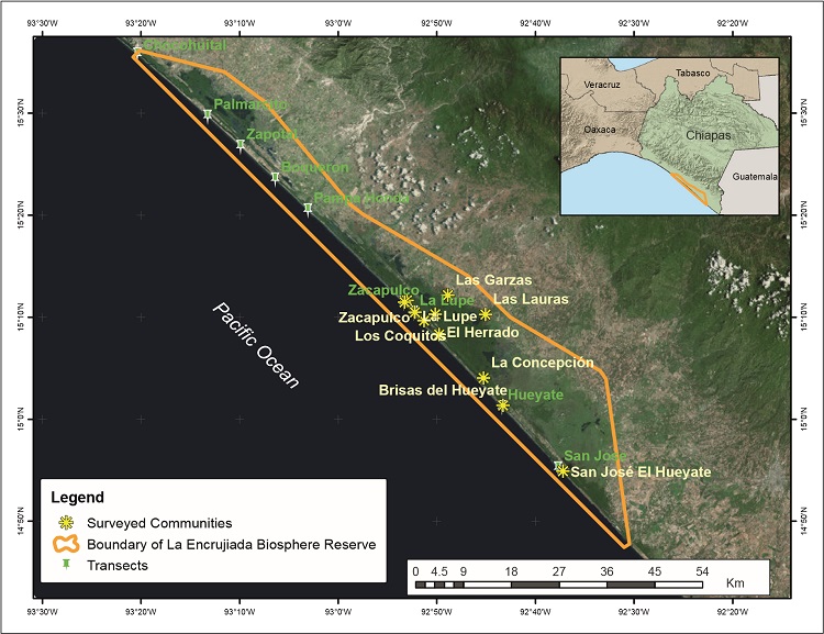 Communities surveyed about environmental services in La Encrucijada Biosphere Reserve, Chiapas, Mexico.