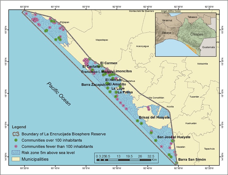 Human communities at risk of floods in La Encrucijada Biosphere Reserve.