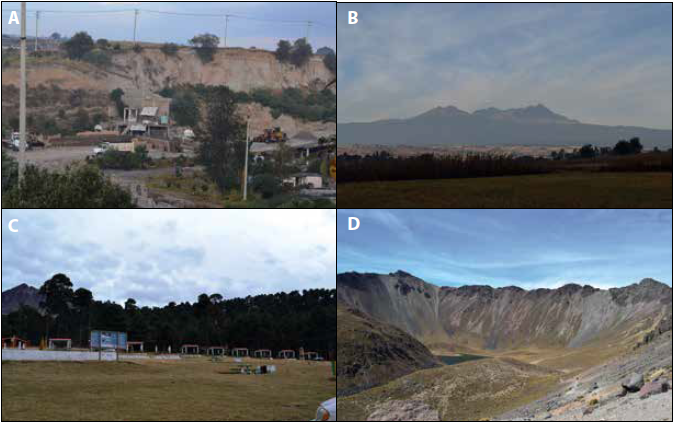 Recorrido de campo d�a uno. A) Banco de materiales en Calimaya B) Aprovechamientos agropecuarios y agroforestales C) Palapas y albergue en el Parque de los Venados y D) Cr�ter del volc�n Nevado de Toluca, a la izquierda de la foto domo volc�nico &ldquo;El Ombligo&rdquo;, en las laderas se observan los procesos gravitacionales. Autor: Dalia Guti�rrez L�pez. Archivo de campo, diciembre de 2015.