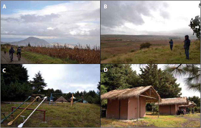 Recorrido de campo d�a tres. A) Camino hacia el Parque Ecotur�stico Ejidal de Cacalomac�n B) Toma de fotograf�as a los mosaicos de cultivos presentes en la zona C) Juegos infantiles dentro del P. E. E. Cacalomac�n y D) Casetas de vigilancia, entrevista con los vigilantes. Autor: Dalia Guti�rrez L�pez. Archivo de campo, diciembre de 2015.