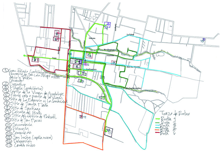 Croquis con el trazo de las seis rutas realizadas en San Luis Huexotla,
						Texcoco. 