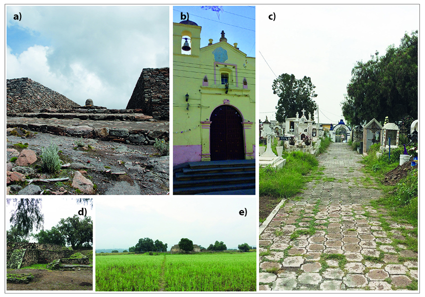 Primera etapa. a) Espacio ceremonial en la cima del Monte Tláloc.
							Fuente: Gabriela Wiener Castillo. Archivo de campo: septiembre de 2015;
							b) Capilla de la Virgen de Guadalupe. Fuente: Gabriela Wiener Castillo.
							Archivo de campo: abril de 2016; c) Cementerio. Fuente: Gabriela Wiener
							Castillo. Archivo de campo: septiembre de 2015; d) Sitio arqueológico de
							los basamentos de La Comunidad y la Estancia. Fuente: Gabriela Wiener
							Castillo. Archivo de campo: septiembre de 2015 y e) Sitio arqueológico
							del edificio de Ehécatl. Fuente: Gabriela Wiener Castillo. Archivo de
							campo: noviembre de 2015.