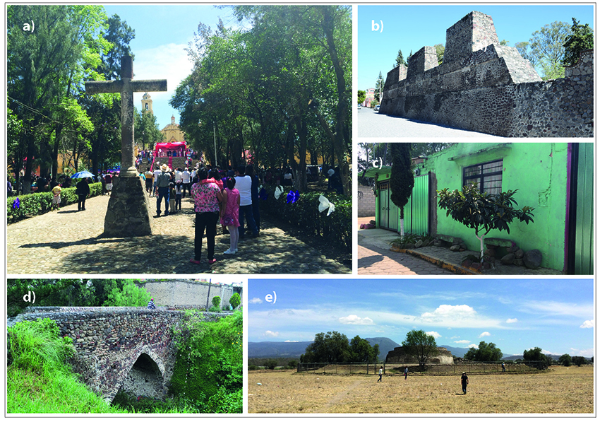 Segunda etapa. a) Festividades de Semana Santa en el atrio y el
							jardín del convento. Viernes santo. La representación personificada
							empieza con la condena y termina en la crucifixión de Jesús. En esta
							ocasión, personajes y espectadores salimos a las calles del primer
							cuadro a hacer diez estaciones o caídas, las últimas cuatro en el atrio.
							Este hecho convierte a los espectadores que acompañan a la procesión, en
							actores, testigos del vía crucis de Jesús. Fuente: Gabriela Wiener
							Castillo. Archivo de campo: marzo de 2016; b) La Muralla. Son los restos
							de una muralla que Leopoldo Batres supone pudo haber medido 900 metros
							de largo, la distancia aproximada entre barranca y barranca. Los
							expertos estiman que era un elemento defensivo para proteger al gran
							palacio. Fuente: Gabriela Wiener Castillo. Archivo de campo: marzo de
							2016; c) Vivienda ubicada en el centro del pueblo. Llama la atención el
							alegre colorido con vivos verdes, además de la improvisación de un par
							de bancas en las banquetas para tener un buen lugar en las diferentes
							fiestas y procesiones del clanedario católico. Es como un “reservado”.
							Fuente: Gabriela Wiener Castillo. Archivo de campo: marzo de 2016; d)
							Puente Roto o Puente de la Virgen, del siglo XVI. Cuentan los vecinos
							que es aquí en donde fue encontrada la imagen de la virgen que ahora se
							encuentra en su capilla. Fuente: Gabriela Wiener Castillo. Archivo de
							campo: abril de 2016 y e) Sitio arqueológico del basamento del edificio
							de Ehécatl en mayo. La imagen del paisaje cambia radicalmente en tiempo
							de lluvias y en temporada de secas. Fuente: Gabriela Wiener Castillo.
							Archivo de campo: marzo de 2016.