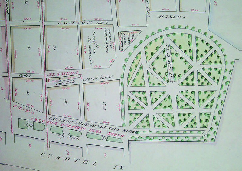 La Alameda antigua, configurada a partir de un islote fluvial
							abrazado en su momento por el río San Juan de Dios (Calzada
							Independencia Norte) y por su meandro que en el plano corresponde a la
							calle Alameda 