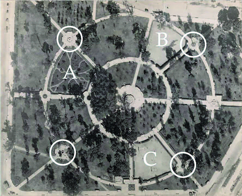 Parque Morelos ca. 1947-1949. La imagen refleja el diseño de la
							planta realizado por Rafael Urzúa. Los polígonos con letras corresponden
							a zonas destinadas a la socialización activa mientras que los cuatro
							círculos corresponden a fuentes, puntos posteriormente reutilizados por
							Zohn con el mismo propósito.