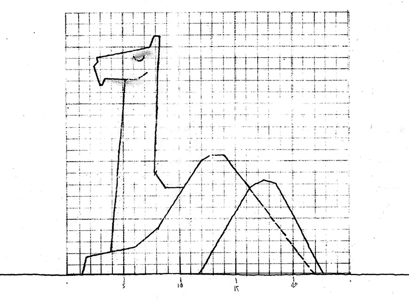 Croquis del camello realizado en 1967 mismo año en que fueron
							construidas las nueve figuras en cemento para articularse funcionalmente
							con el pabellón contiguo popularmente conocido como fuente de
							sodas.