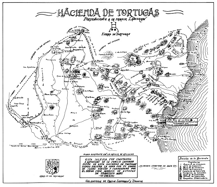 Mapa de la hacienda de Tortugas (1868), de la familia Lascuaráin, con los linderos y su extensión hasta la costa del golfo de México. 