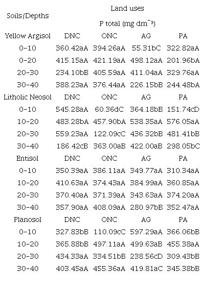Mean values of total P concentrations (mg dm-³) at depths of 0-10, 10-20, 20-30 and 30-40 cm in four classes under four land use and cover, in the Agreste region of Pernambuco.