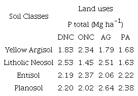 Stocks of total P (Mg ha-1) in four classes under four uses and land cover, along the 0-40 cm profile, in the Agreste region of Pernambuco.
