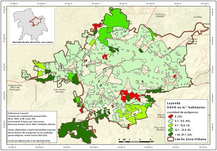 Mapa de categorías de la densidad de áreas verdes por habitante para los paisajes urbanos de la zona urbana de Morelia.