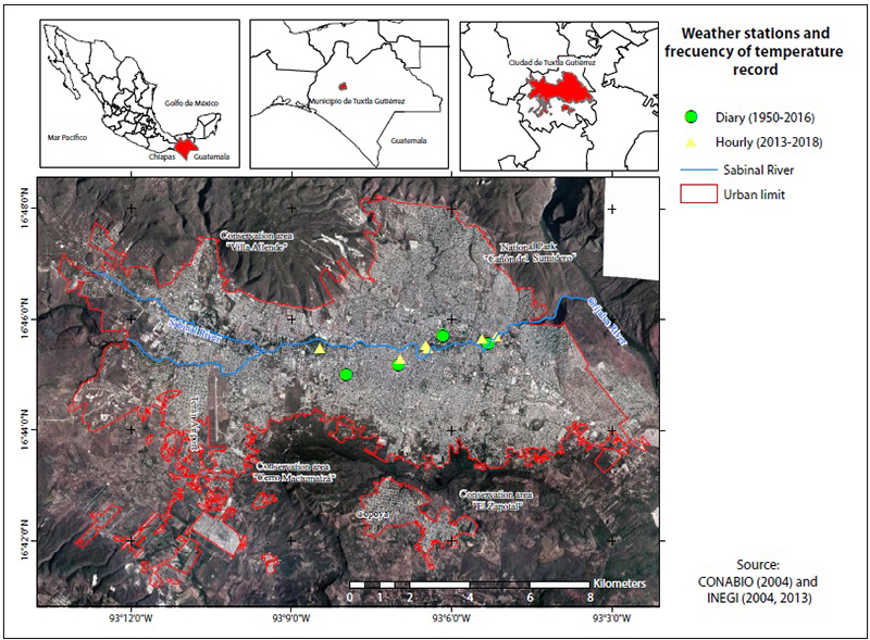 Location of weather stations in the city of Tuxtla Gutiérrez, Chiapas, Mexico. 
