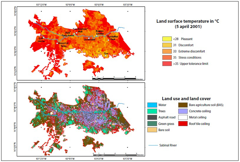 Land surface temperature and land cover during April 5th, 2001 in the city of Tuxtla Gutiérrez, Chiapas.