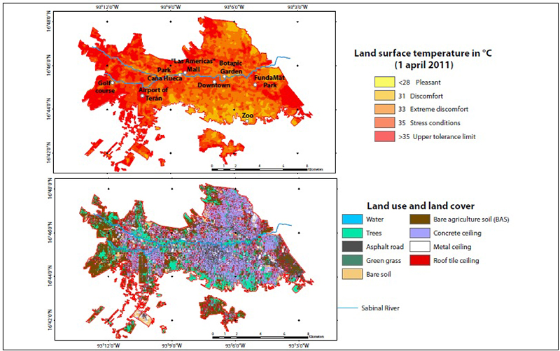 7. Land surface temperature and land cover during April 1st, 2011 in the city of Tuxtla Gutiérrez, Chiapas.
