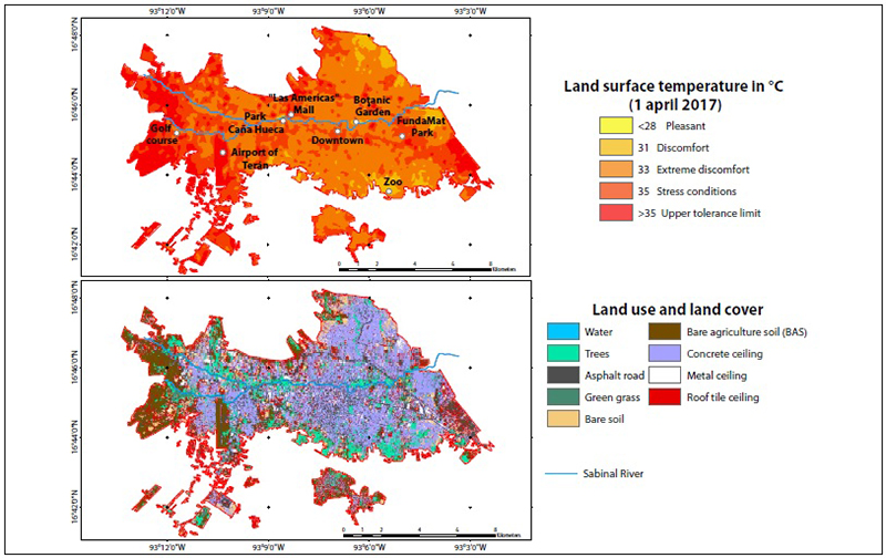 Land surface temperature and land cover during April 1st, 2017 in the city of Tuxtla Gutiérrez, Chiapas.