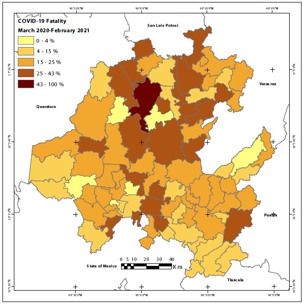 Spatial distribution of fatality in Hidalgo by municipality (March 2020-February 2021)