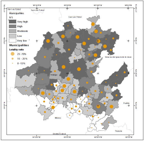 Spatial distribution of the social vulnerability index in Hidalgo by municipality (2015)