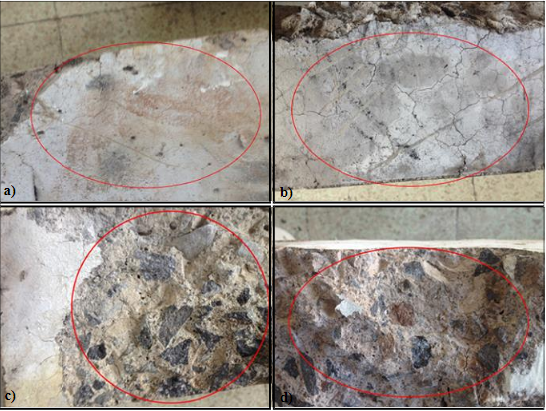 Da&ntilde;os producidos en las vigas de hormig&oacute;n armado despu&eacute;s de los diferentes
tiempos de exposici&oacute;n al fuego: a) 30 min, b) 60 min, c) 90 min, d) 120 min