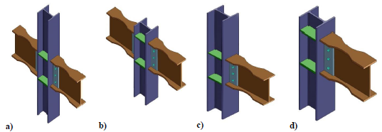 Diferentes
tipos de nodos RBS: a) interno, b) interno último piso, c) de borde, d) de
borde último piso