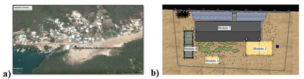 Escuela Básica Bolivariana Agua Salobre: a) imagen satelital; b) distribución de módulos.