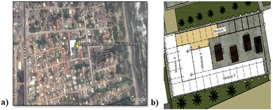 Liceo Prospero Agustín Ocando: a) imagen satelital; b) distribución de módulos.