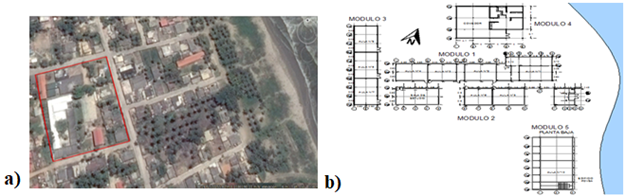 Escuela Básica Bolivariana Próspero Agustín Ocando: a) imagen satelital; b) distribución de módulos.