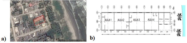 Unidad Educativa Centro de Educación Inicial Las Delicias: a) imagen satelital; b) distribución de módulos.
