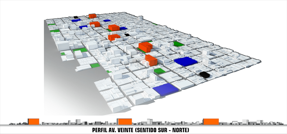 Imagen volum&eacute;trica del eje central y perfil urbano propuesto.