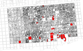 Localizaci&oacute;n de edificios con valor patrimonial y cultural Macrosector Centro.