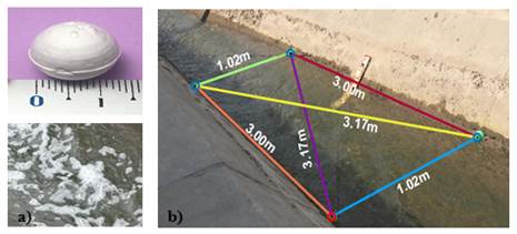 a) Trazadores utilizados para caracterizar el campo de velocidad, b) Puntos de Control (PC), en la superficie del flujo en la fecha 9/10/2020