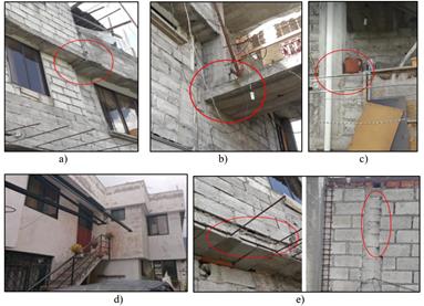 Patologas encontradas: a) Golpeteo, b) Discontinuidad de elementos, c) Columna corta, d) Irregularidad en planta, e) Deficiente proceso constructivo. 