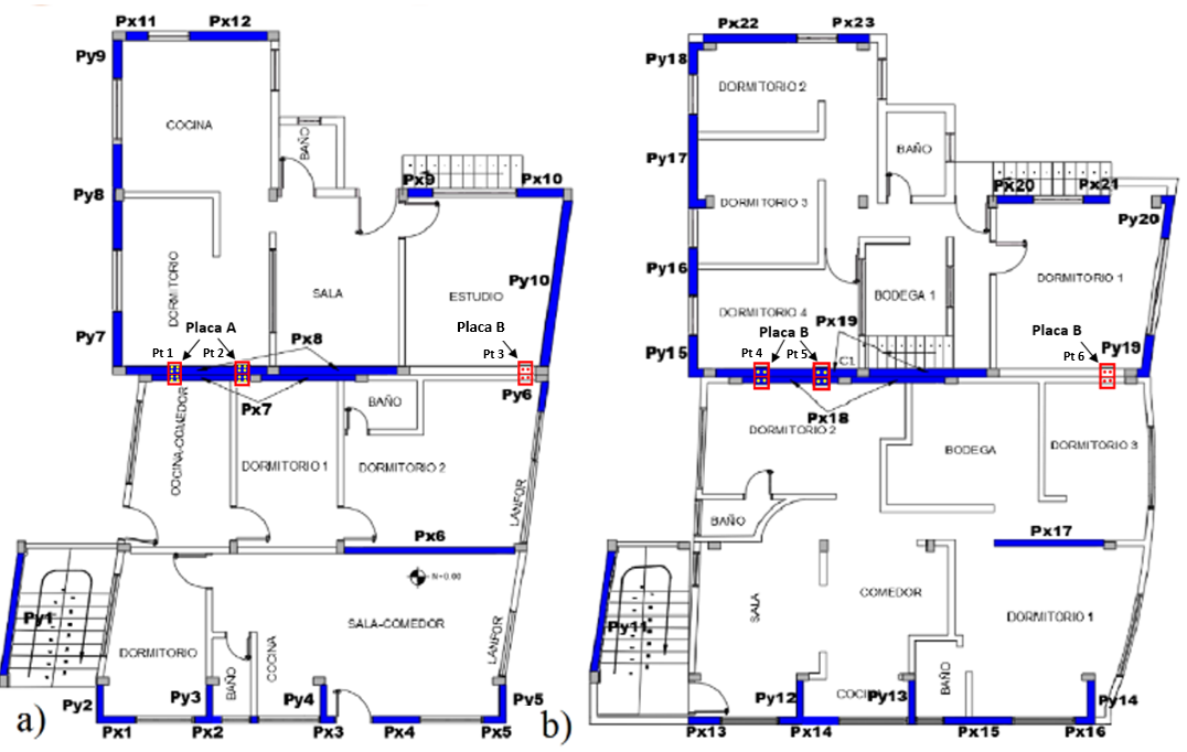Distribucin de paredes reforzadas con enchape y puntos donde se colocaron placas metlicas a) Primer piso; b) Segundo piso.
