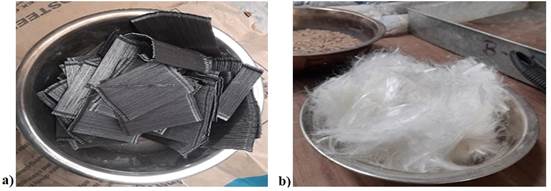 a) Fibra de acero, b) Fibra de polipropileno. 