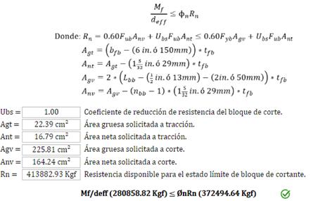 Resistencia requerida ante bloque de cortante en el ala de la viga, Mf /deff (Kgf)