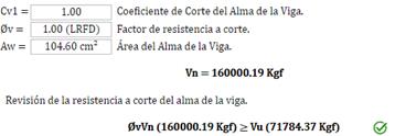 Resistencia a corte del alma de la viga (Kgf)