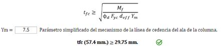 Espesor requerido del ala de la columna para eliminar las placas de continuidad (mm)