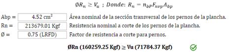 Resistencia a corte de los pernos de la plancha de corte (Kgf)
