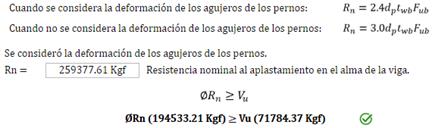 Resistencia al aplastamiento y desgarramiento de los agujeros en el alma de la viga (Kgf)