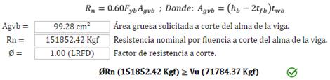 Resistencia por fluencia a corte en el alma de la viga (Kgf)