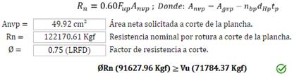 Resistencia por rotura a corte en la plancha de corte (Kgf)