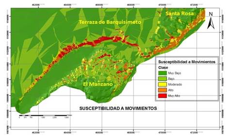 Mapa de susceptibilidad a movimientos del talud sur de la terraza de Barquisimeto.