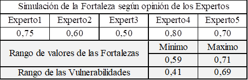 Rango de valores de Fortalezas y Vulnerabilidades de la empresa seg�n Expertos. 