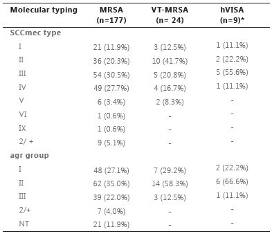 Molecular typing at the MRSA VTMRSA and hVISA isolates