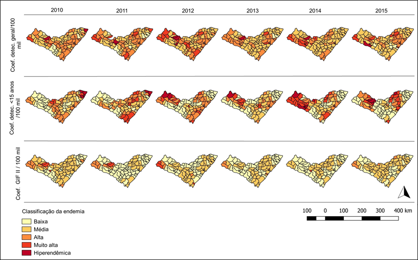 Evolu&ccedil;&atilde;o temporal e espacial dos indicadores de magnitude da hansen&iacute;ase. Alagoas- Brasil, 2010-2015
