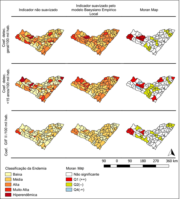 Indicadores de monitoramento da hansen&iacute;ase brutos e suavizados pelo modelo bayesiano emp&iacute;rico local e Moran Map. Alagoas-Brasil, 2010-2015.