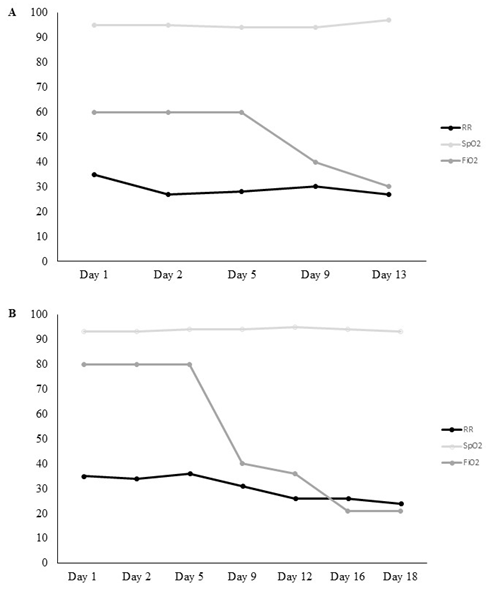 Behavior of respiratory rate (RR), peripheral oxygen saturation (SpO2) and fraction of inspired oxygen (FiO2) during the use of NIV in hospitalization (A) and during the prone position in hospitalization (B).