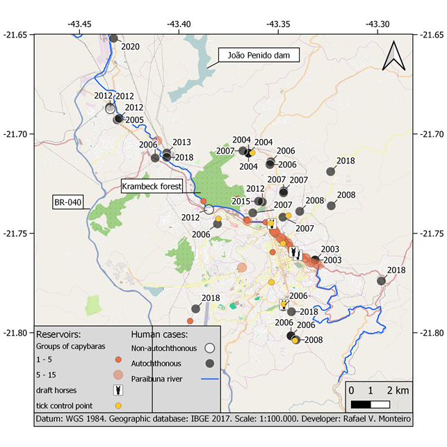 Geolocation of human cases of Brazilian spotted fever that occurred in the urban perimeter of Juiz de Fora, Minas Gerais, Brazil, from 2003 to 2020