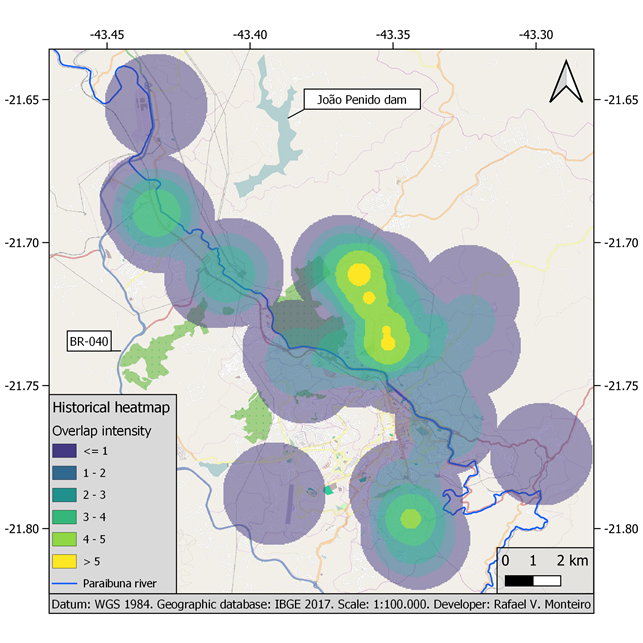 Heatmap, prepared with a parabolic function, on geolocation of human cases of Brazilian spotted fever in the urban perimeter of Juiz de Fora, Minas Gerais, Brazil