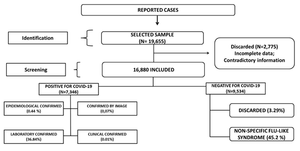 Representative scheme of reports for detecting positive cases for COVID-19 through clinical-laboratory confirmation during the second half of 2020 following the methodological sequence of the study