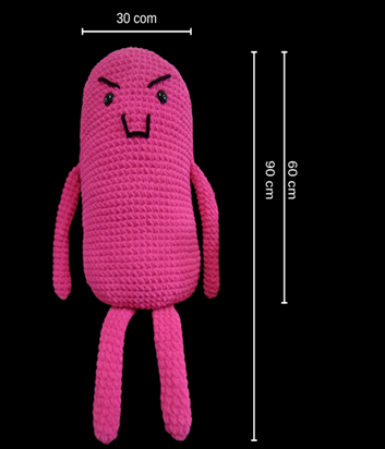 Imagem ilustrativa da mascote "Bacil�o vacil�o", destacando suas dimens�es, cores e formatos espec�ficos, utilizado para fins did�ticos, em Rio Grande, Rio Grande do Sul, 2024.