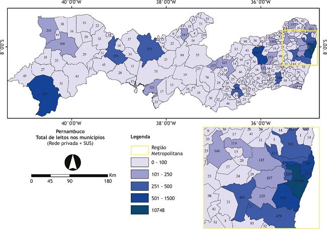 Espacialização do total de leitos nos municípios de Pernambuco.